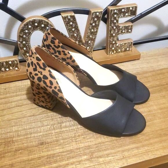 Antropologie Seychelles Shabby Chic Black Leopard Suede/Leather Block Heel Sz 10 - Picture 2 of 11